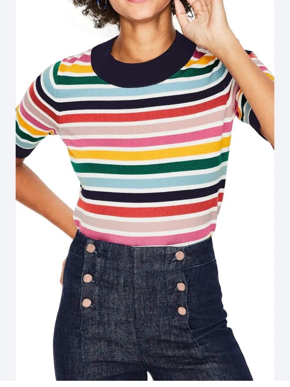 Boden Rachel Knit Rainbow Tee Stripe Crew Neck Colorful XS Coquette Euro Summer